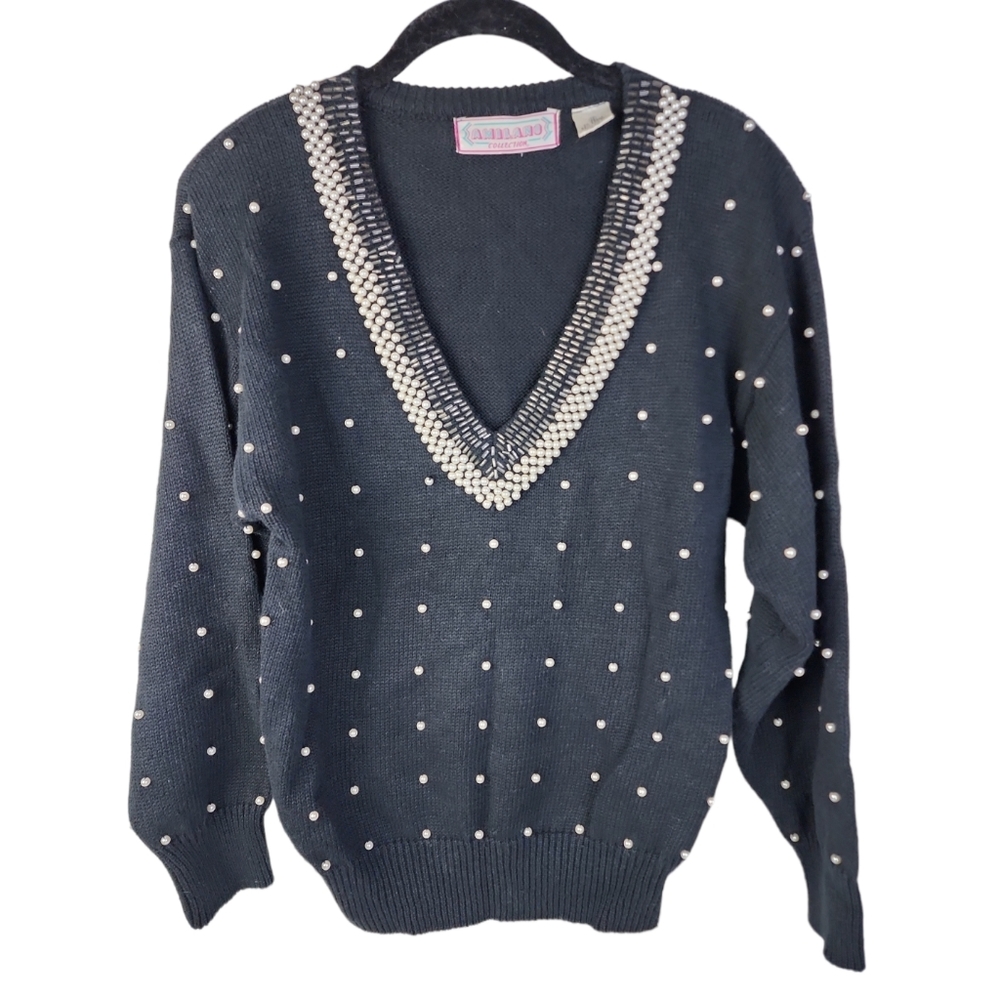 Vintage Amilano Collection Black Sweater Women’s Small Pearls Beaded